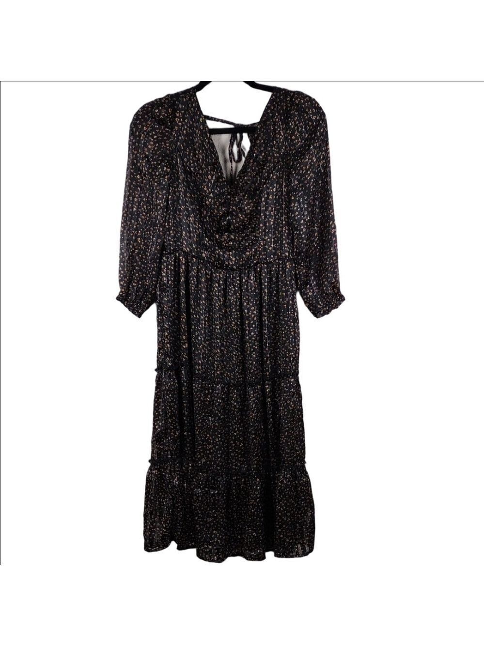 Japna Black Ruffled V-Neck Tie Back Long Sleeve Slip Over Bohemian Midi Dress